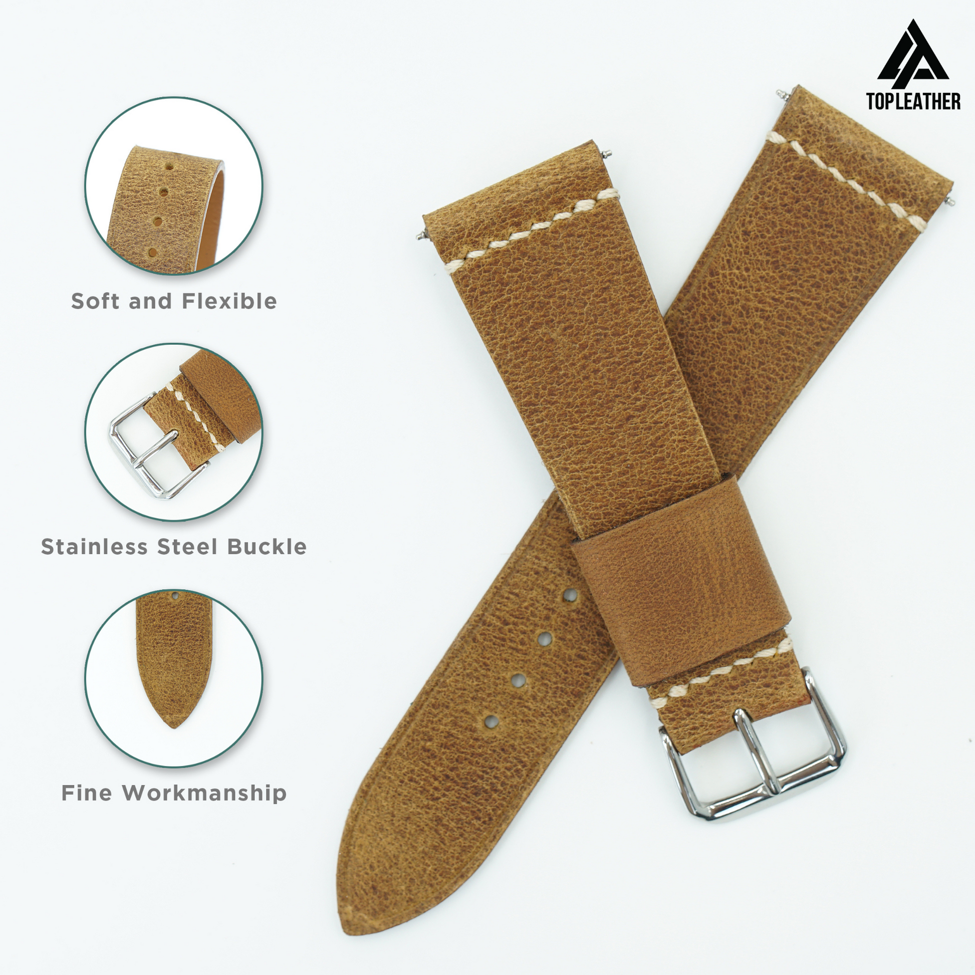 Topleather Waxed Leather Watch Strap - Coffee Brown